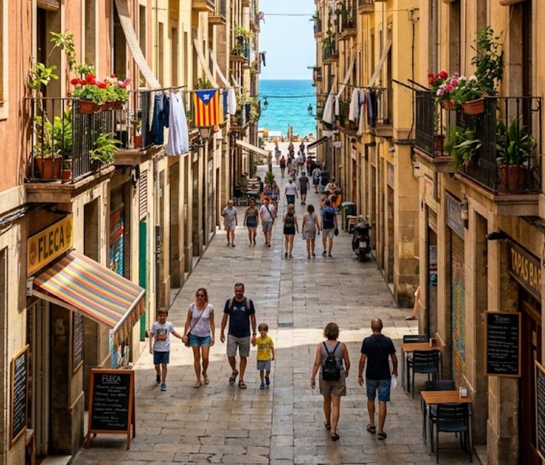 Vistas de las callejuelas peatonales, balcones tradicionales y el ambiente costero en La Barceloneta, Barcelona